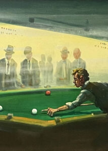 Painting of men playing billards